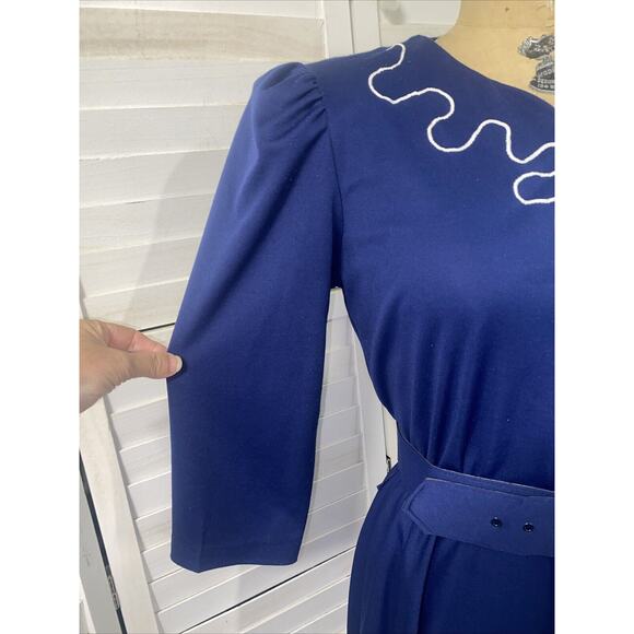 Vtg 80s Whirlaway Frocks Navy 3/4 Sleeves Pleated Belted Fit & Flare Dress Sz 10 - Picture 5 of 10